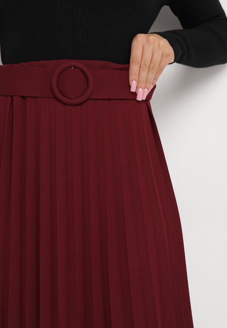 Bordowa Spódnica Midi Plisowana z Dopasowanym Paskiem w Komplecie Purnota