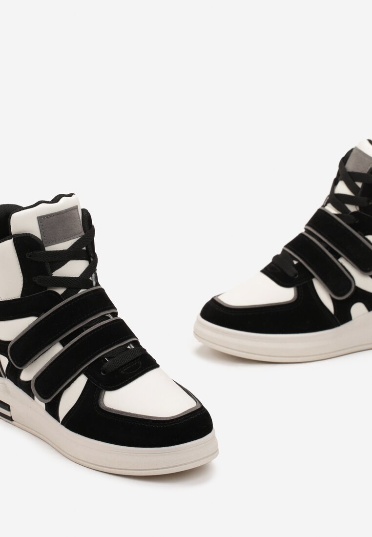 Czarno-Białe Sznurowane Sneakersy na Ukrytym Koturnie Zapinane na Rzepy ze Wstawkami z Ekozamszu Ramhel