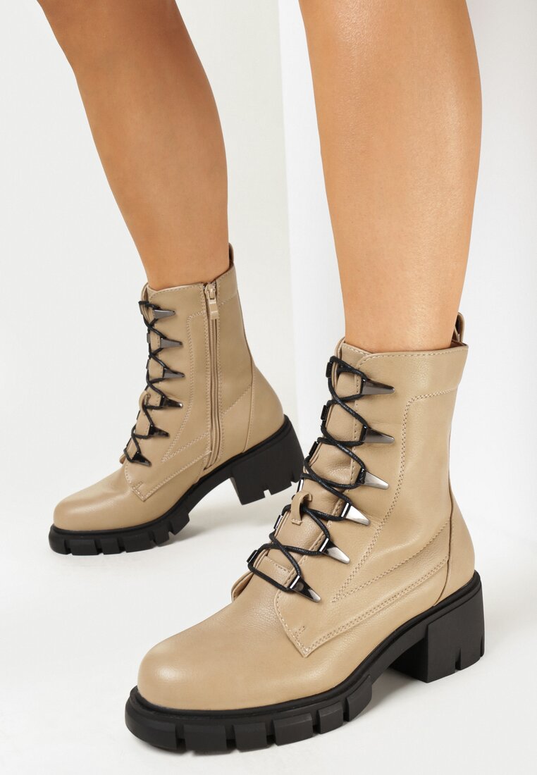 Ciemnobeżowe Sznurowane Botki w Stylu Traperów na Słupkowym Obcasie Blonosa