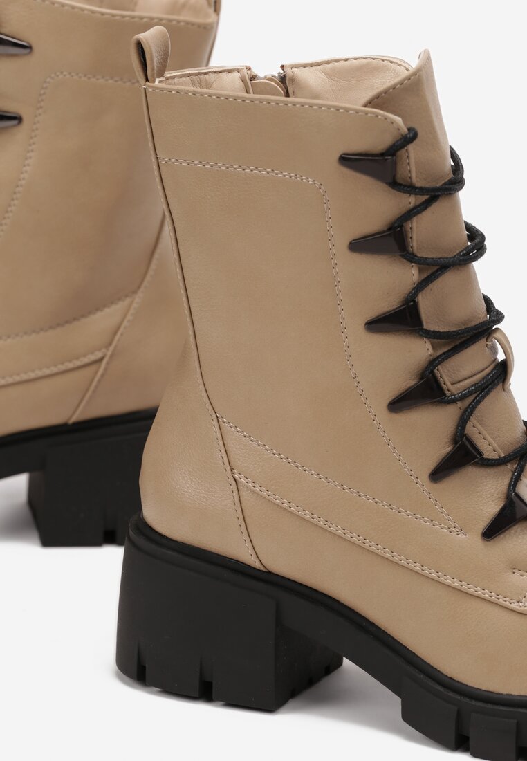 Ciemnobeżowe Sznurowane Botki w Stylu Traperów na Słupkowym Obcasie Blonosa