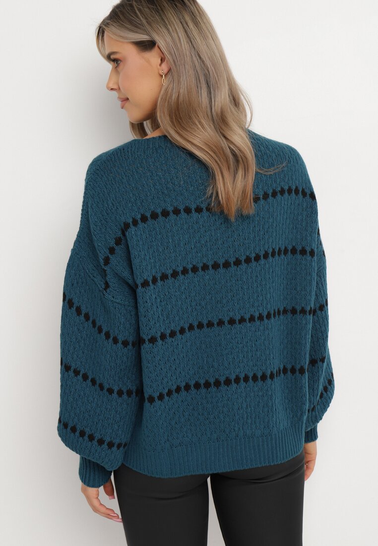 Granatowy Sweter z Bufiastymi Rękawami Ozdobiony Cienkimi Paskami Bilentia