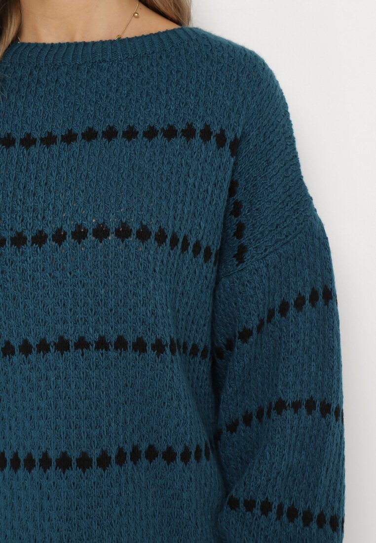 Granatowy Sweter z Bufiastymi Rękawami Ozdobiony Cienkimi Paskami Bilentia