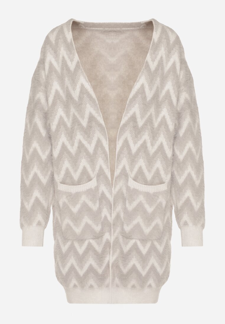 Szary Niezapinany Kardigan Przed Kolano w Paski Chevron Afesura