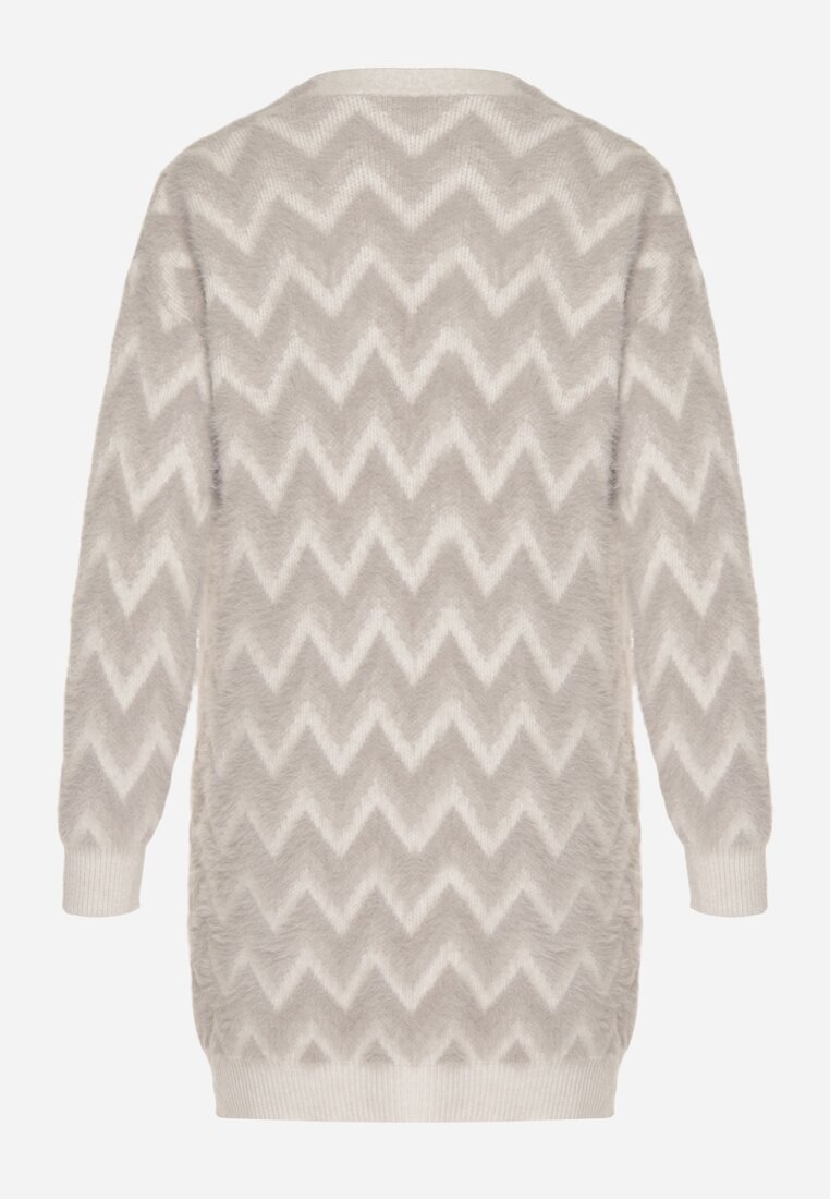 Szary Niezapinany Kardigan Przed Kolano w Paski Chevron Afesura