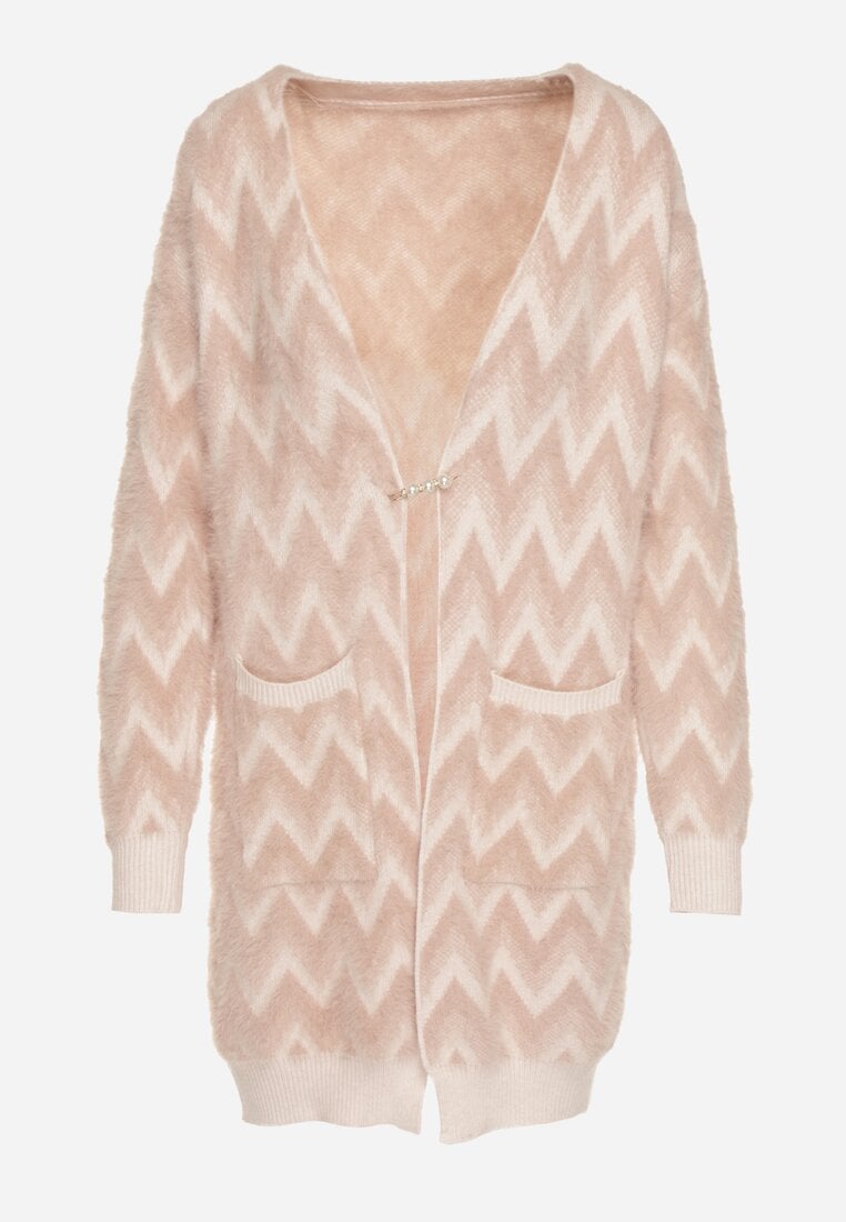 Różowy Niezapinany Kardigan Przed Kolano w Paski Chevron Afesura