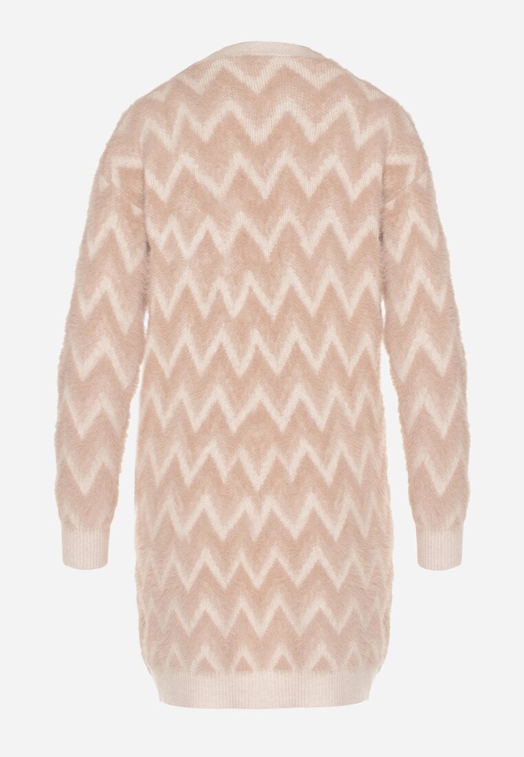 Różowy Niezapinany Kardigan Przed Kolano w Paski Chevron Afesura