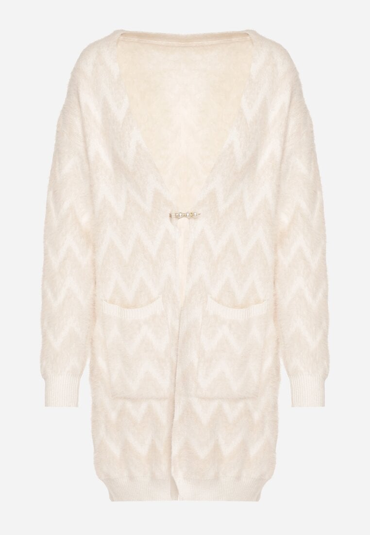 Jasnobeżowy Niezapinany Kardigan Przed Kolano w Paski Chevron Afesura