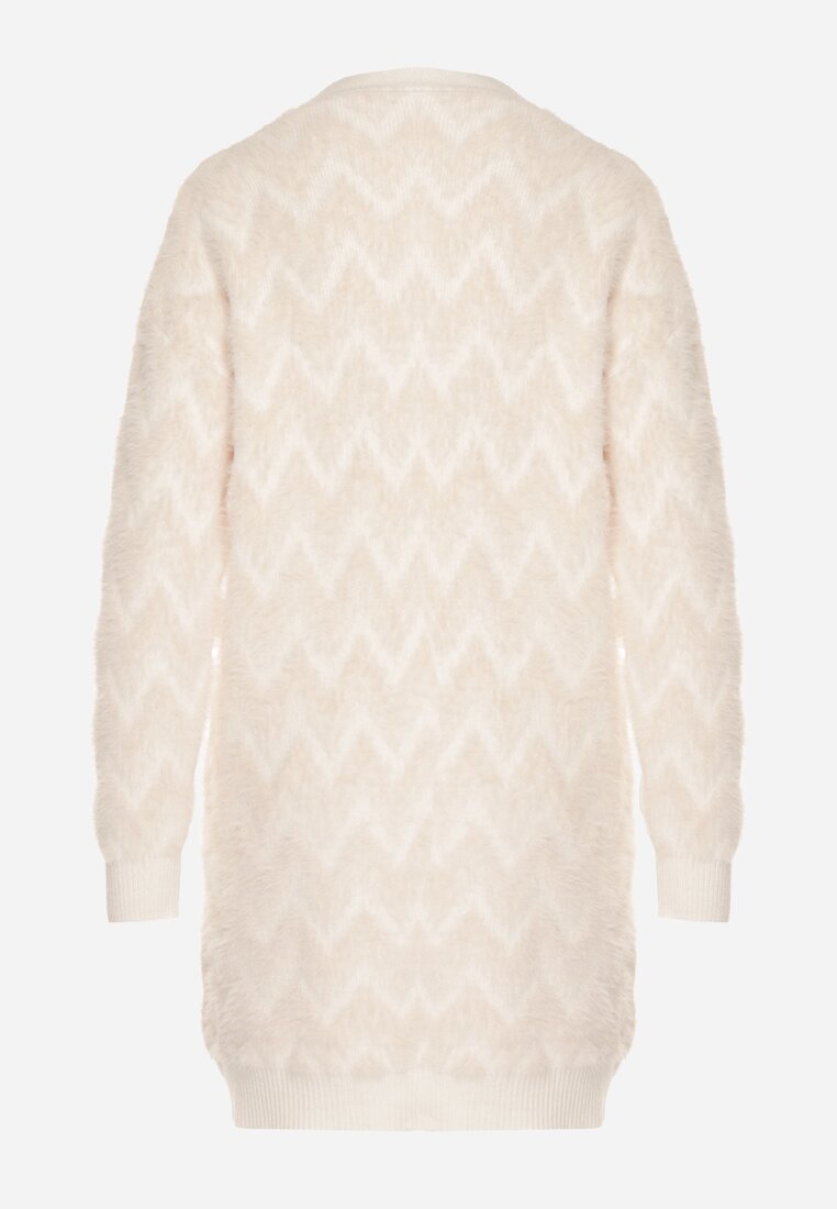 Jasnobeżowy Niezapinany Kardigan Przed Kolano w Paski Chevron Afesura