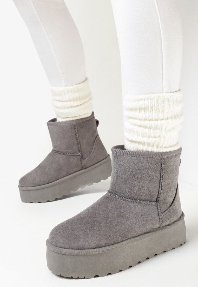 Szare Śniegowce z Ekozamszu na Platformie z Futerkiem Blocurre