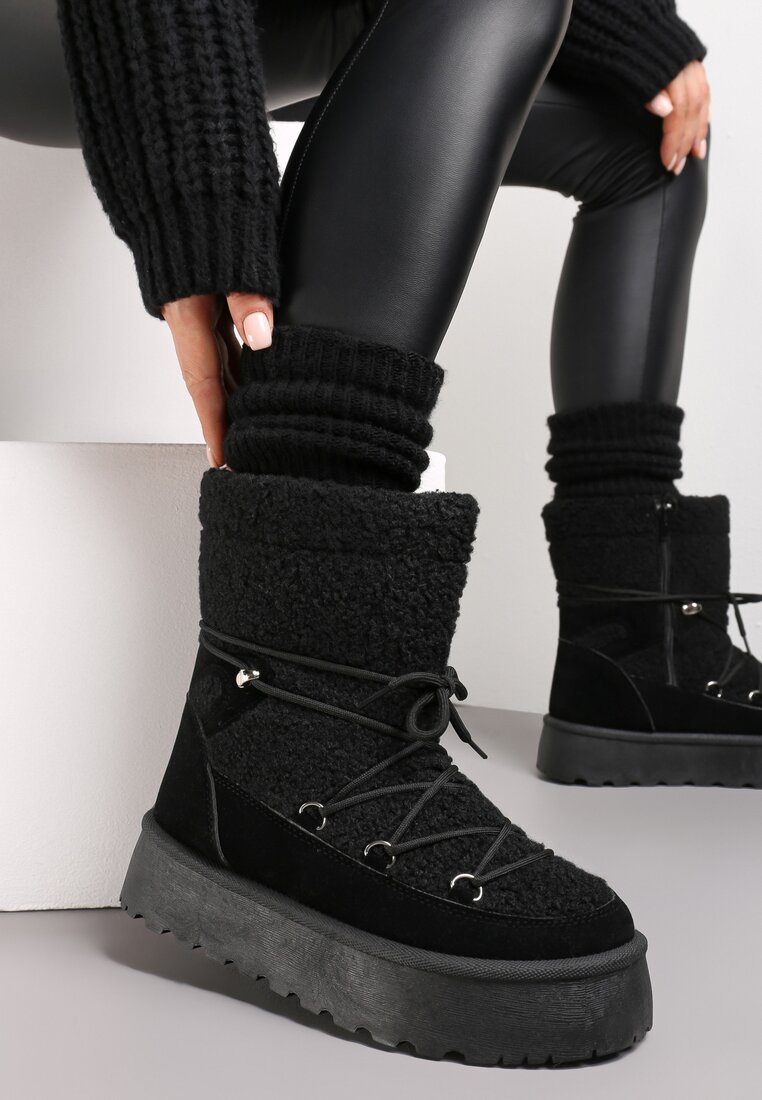 Czarne Śniegowce na Platformie z Futerkiem i Sznurowaniem Fumnanya