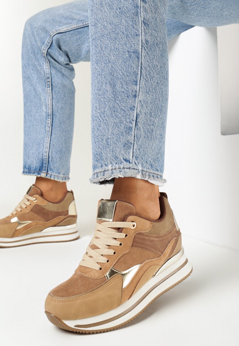 Ciemnobeżowe Sneakersy na Ukrytym Koturnie i Platformie Nencca