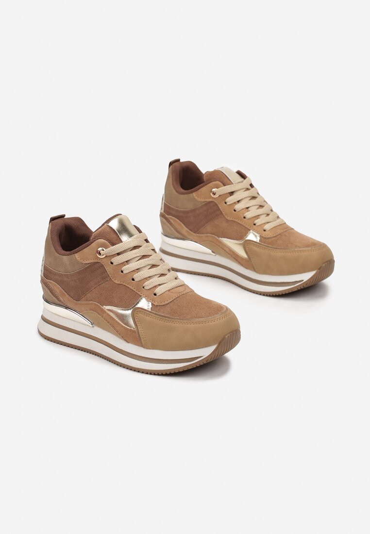 Ciemnobeżowe Sneakersy na Ukrytym Koturnie i Platformie Nencca