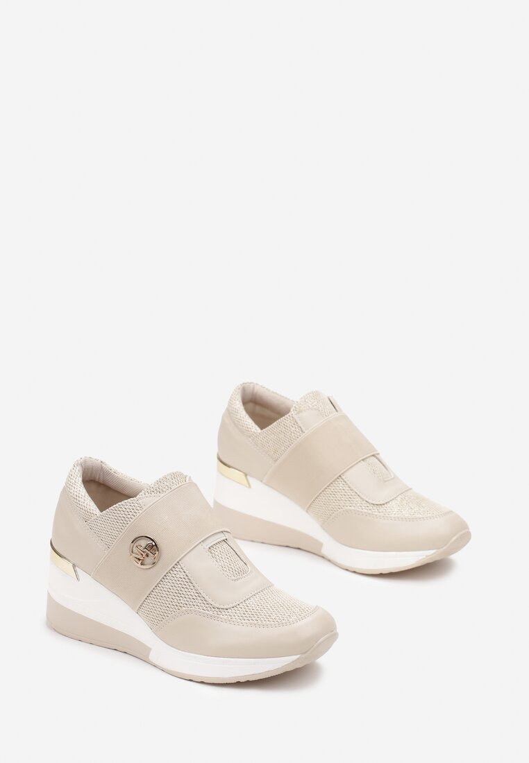 Beżowe Sneakersy na Koturnie z Brokatem Chykelli
