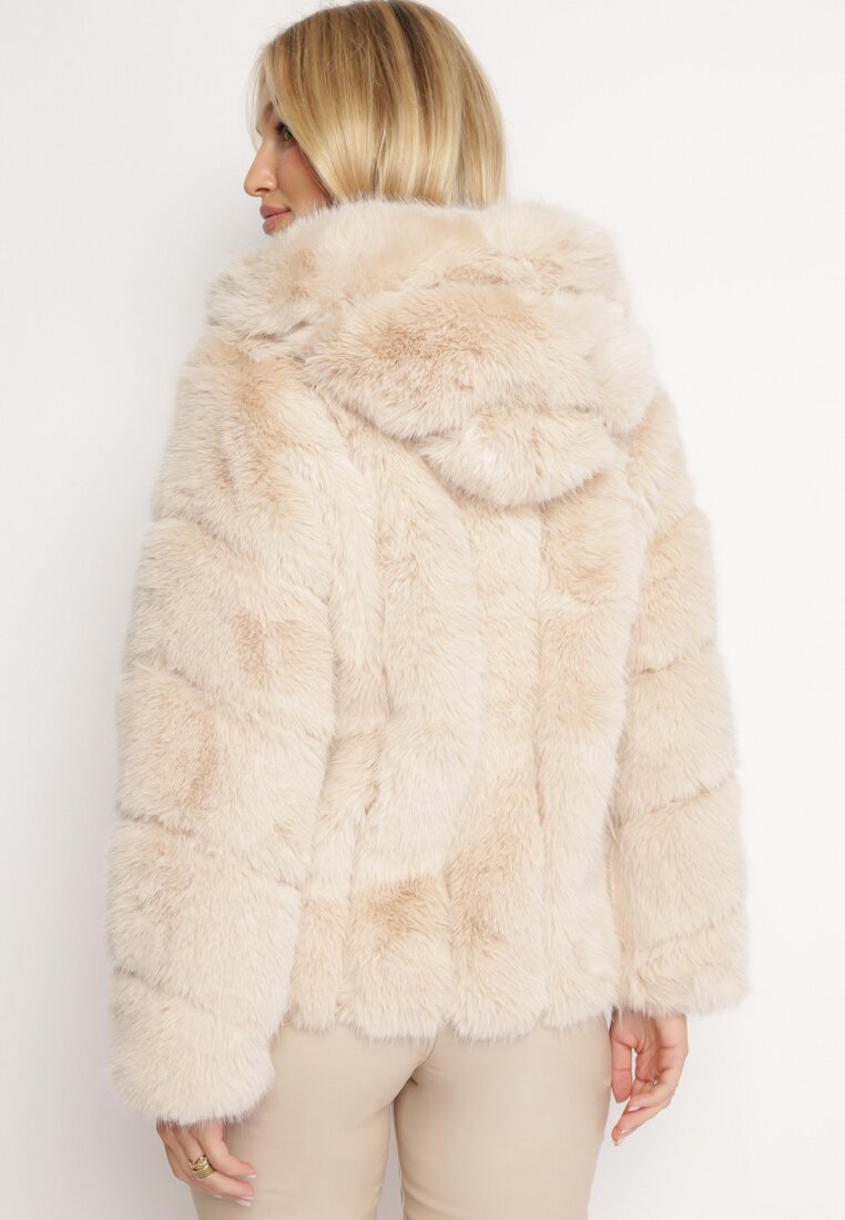 Beżowa Futrzana Kurtka z Kapturem Daviella