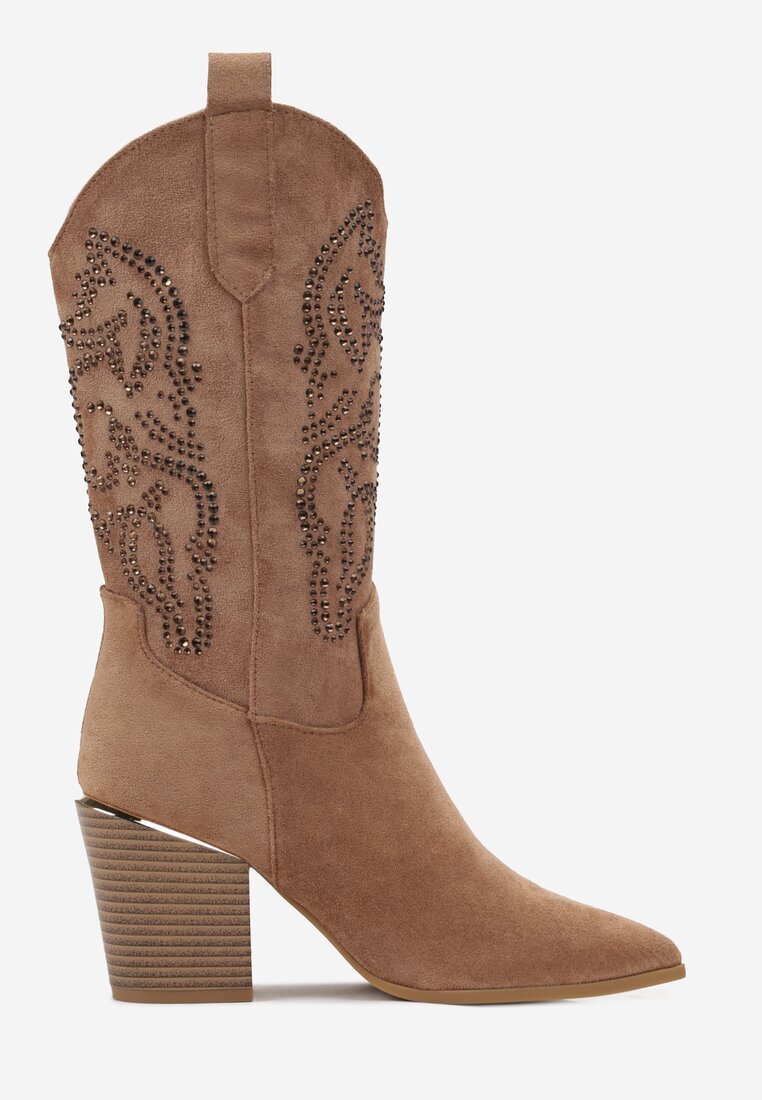 Brązowe Botki Kowbojki na Słupku w Ozdobne Cyrkonie Anbessa