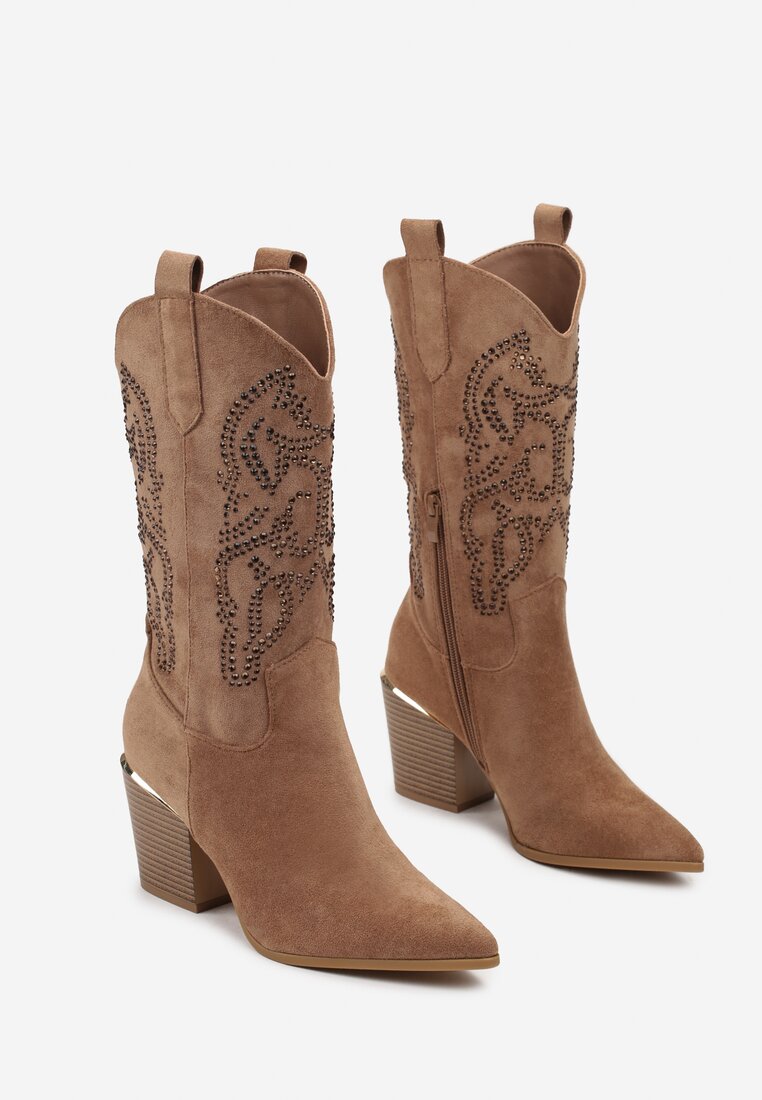 Brązowe Botki Kowbojki na Słupku w Ozdobne Cyrkonie Anbessa