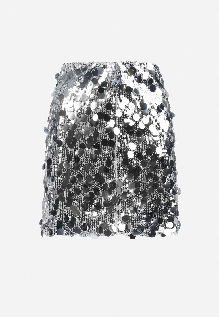 Srebrna Cekinowa Mini Spódnica z Gumką w Pasie  Terames