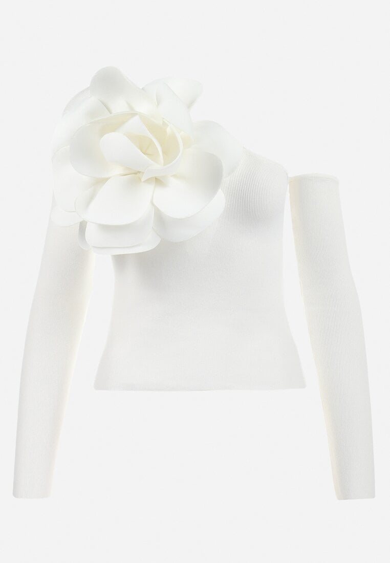 Biała Asymetryczna Bluzka z Prążkowanej Wiskozy z Ozdobnym Kwiatem Badian