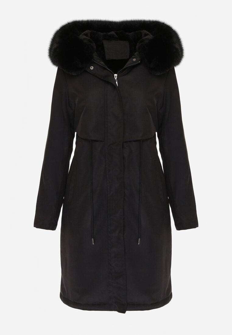 Czarna Kurtka za Kolano ze Ściągaczem i Kapturem z Futerkiem Adoresa