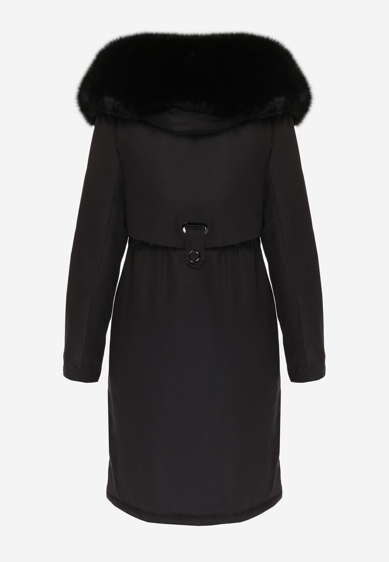 Czarna Kurtka za Kolano ze Ściągaczem i Kapturem z Futerkiem Adoresa