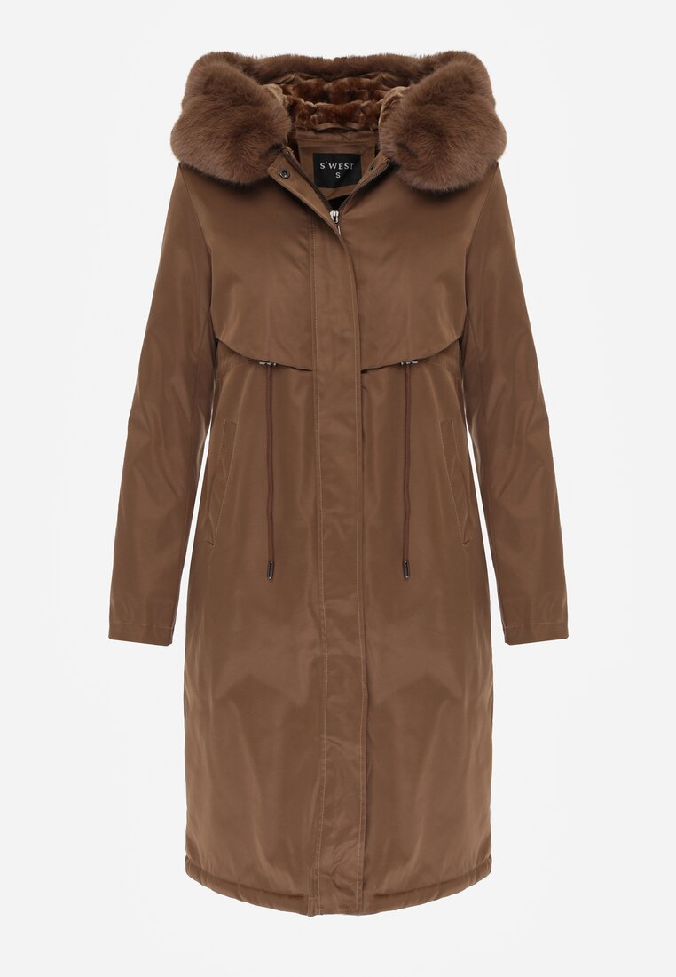 Brązowa Kurtka za Kolano ze Ściągaczem i Kapturem z Futerkiem Adoresa
