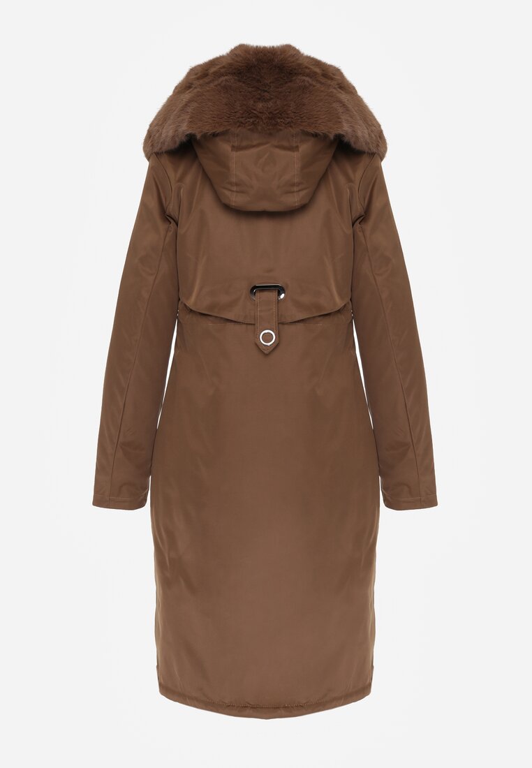 Brązowa Kurtka za Kolano ze Ściągaczem i Kapturem z Futerkiem Adoresa