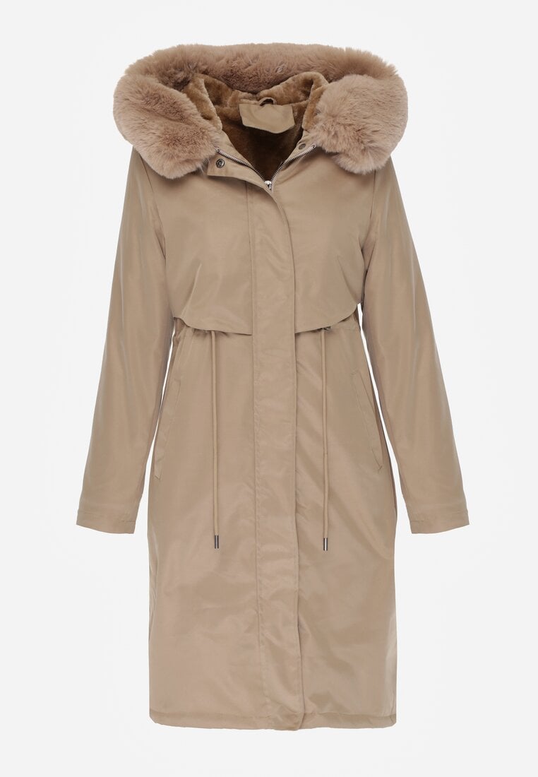 Beżowa Kurtka za Kolano ze Ściągaczem i Kapturem z Futerkiem Adoresa