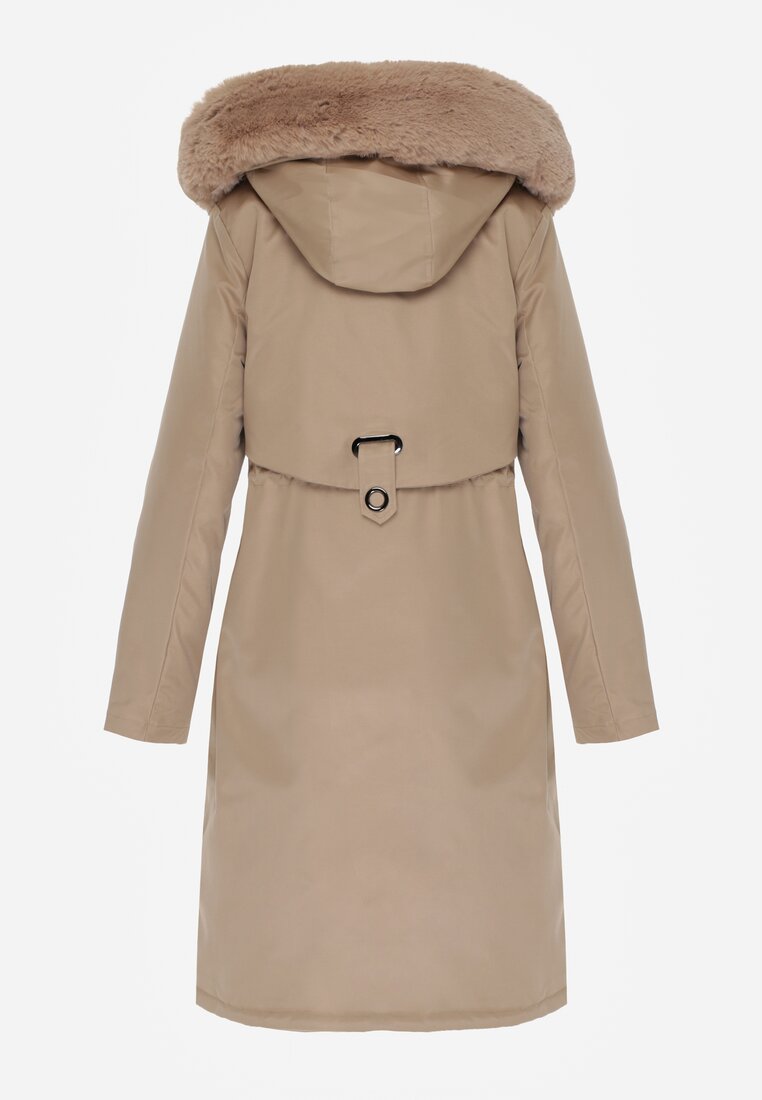 Beżowa Kurtka za Kolano ze Ściągaczem i Kapturem z Futerkiem Adoresa