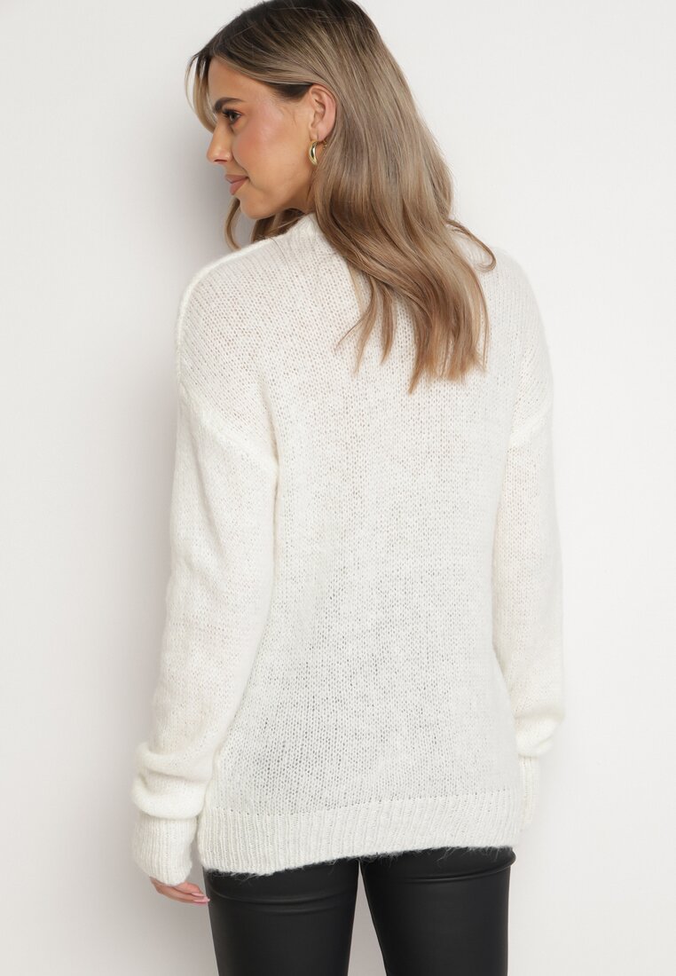 Biały Klasyczny Sweter z Wełną Wykończony Ściągaczami Susa