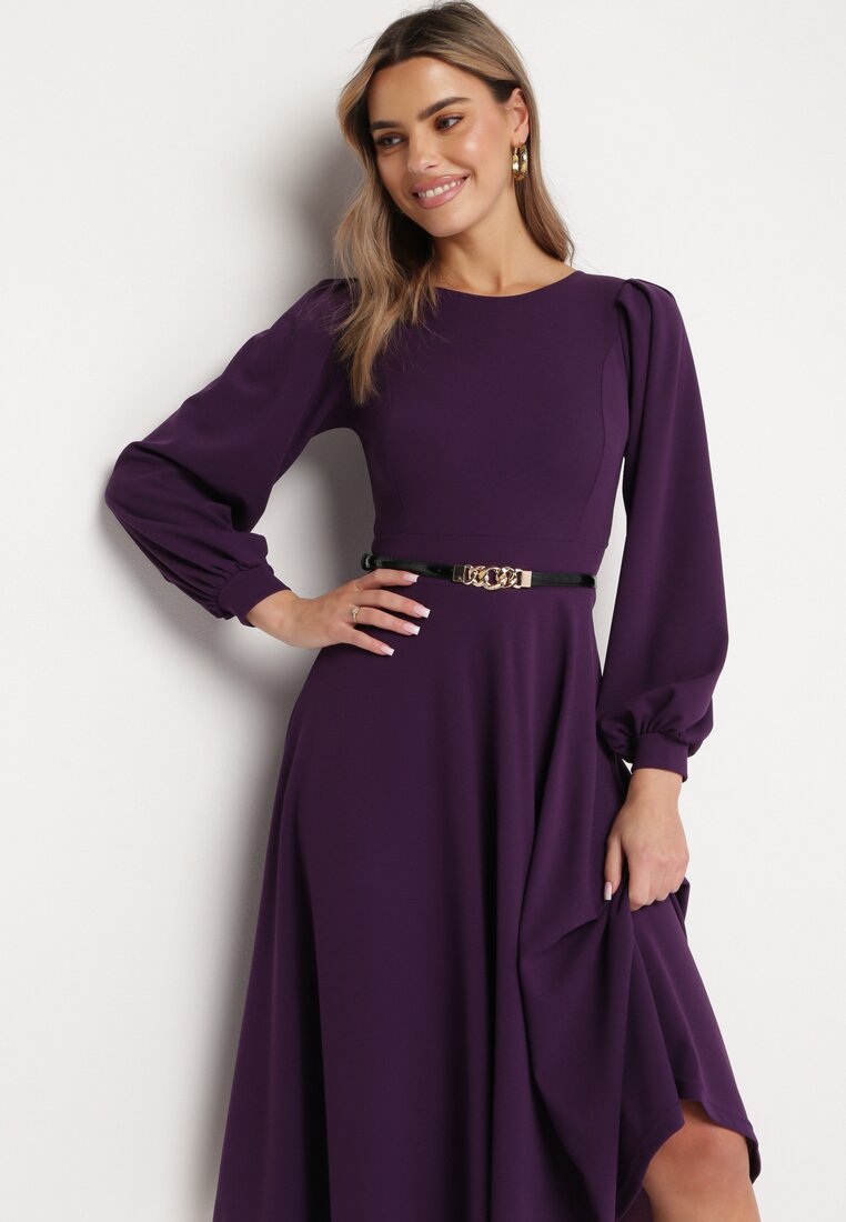 Fioletowa Rozkloszowana Midi Sukienka z Eleganckimi Luźnymi Rękawami Samriddhi