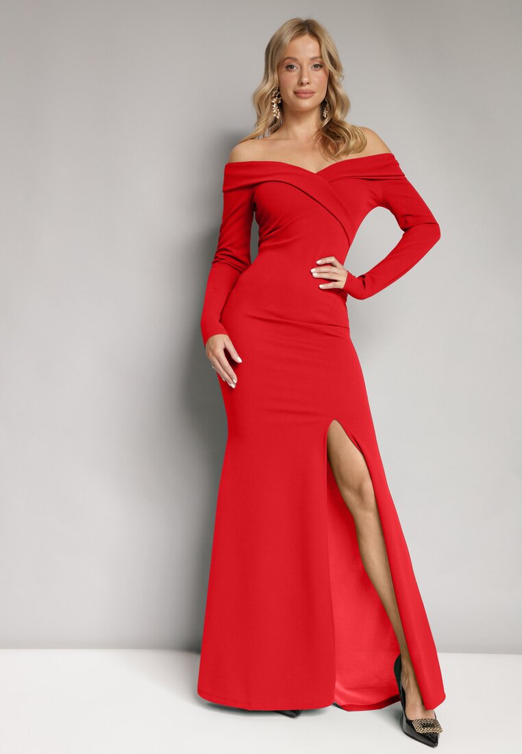 Czerwona Sukienka Maxi z Dekoltem Carmen i Rozcięciem Onemta