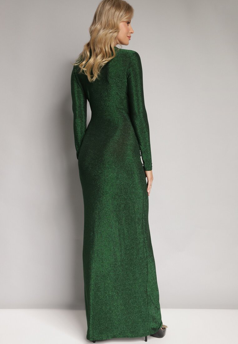 Zielona Sukienka Maxi z Kopertowym Dekoltem i Głębokim Wycięciem oraz Marszczeniami Kleviera