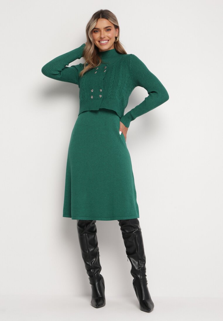 Zielony 2-częściowy Komplet z Sukienką i Kamizelką Kinlia