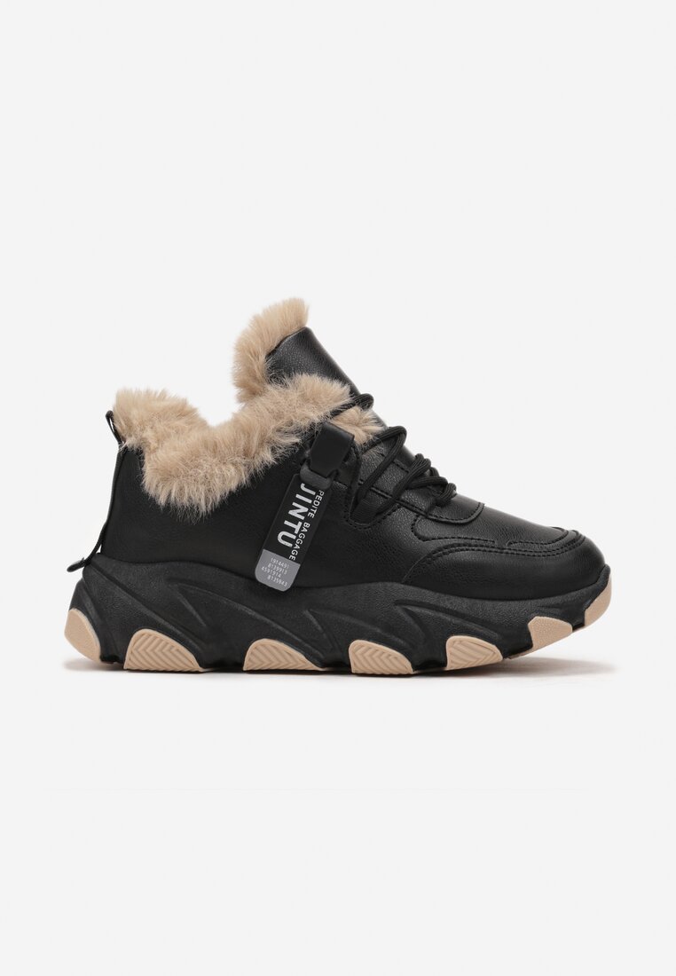 Czarne Ocieplane Sznurowane Sneakersy na Grubej Podeszwie z Ozdobnym Futerkiem Visha