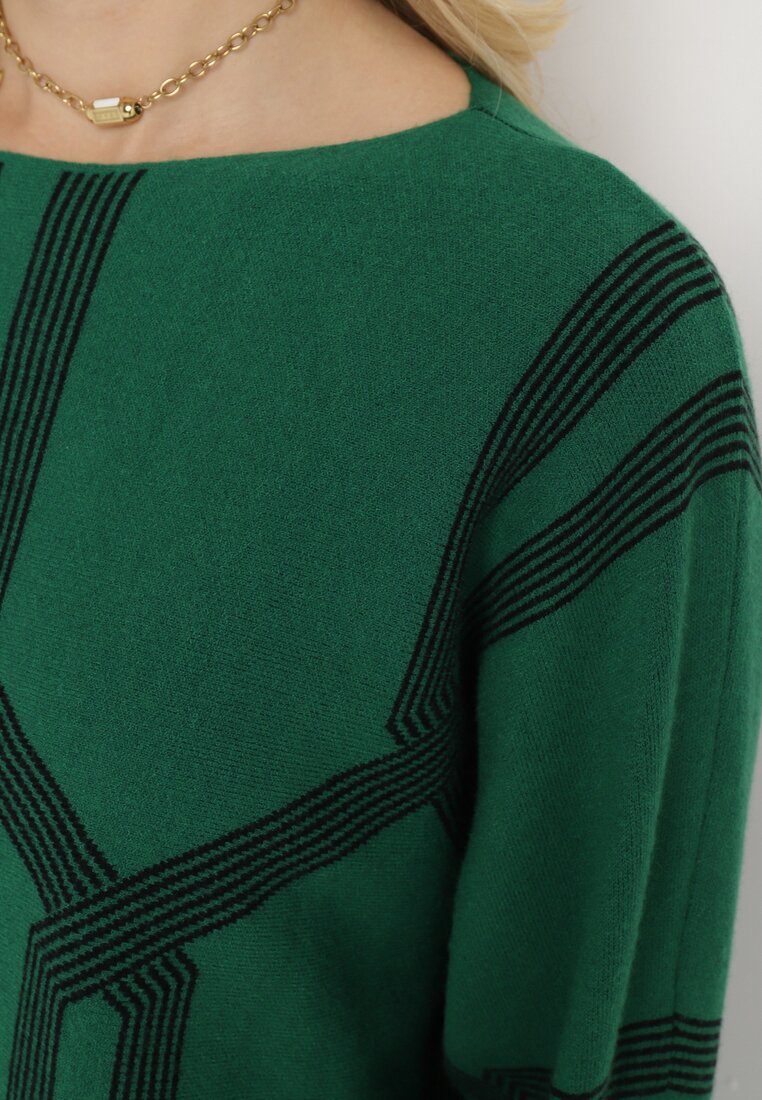 Ciemnozielony Sweter z Geometrycznym Wzorem i Ściągaczami Buvania