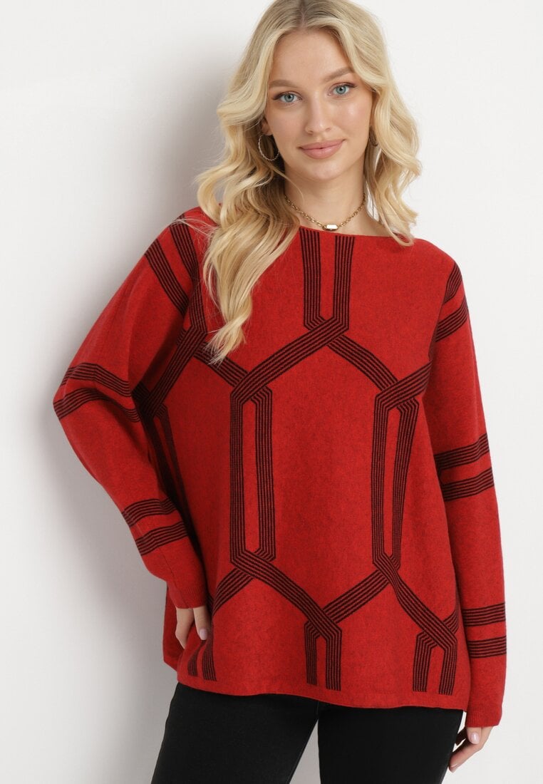 Czerwony Sweter z Geometrycznym Wzorem i Ściągaczami Buvania