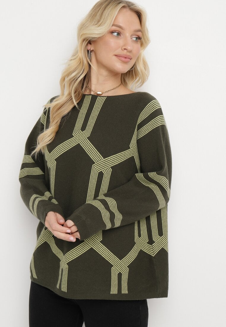 Zielony Sweter z Geometrycznym Wzorem i Ściągaczami Buvania