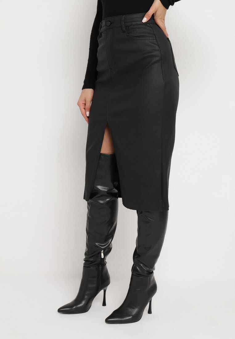 Czarna Ołówkowa Spódnica z Imitacji Skóry Finarwen