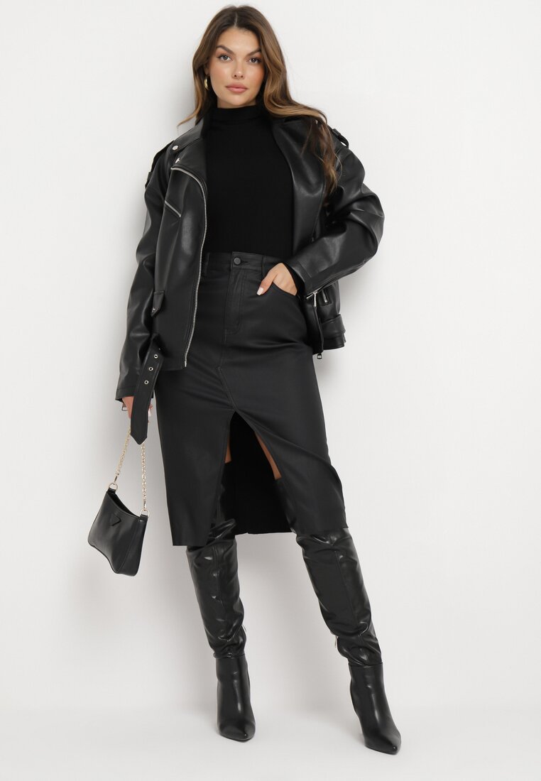 Czarna Ołówkowa Spódnica z Imitacji Skóry Finarwen