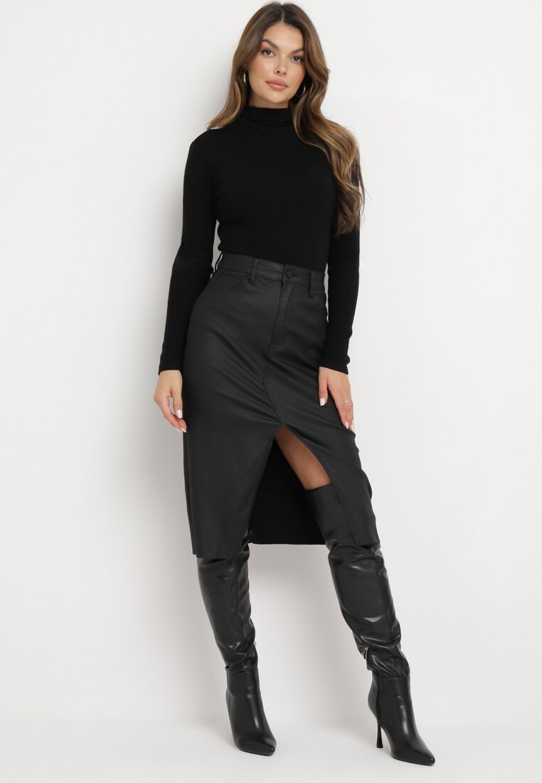 Czarna Ołówkowa Spódnica z Imitacji Skóry Finarwen
