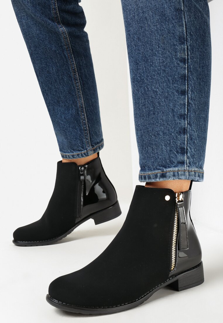 Czarne Botki Sztyblety z Ozdobnym Suwakiem Cynallia