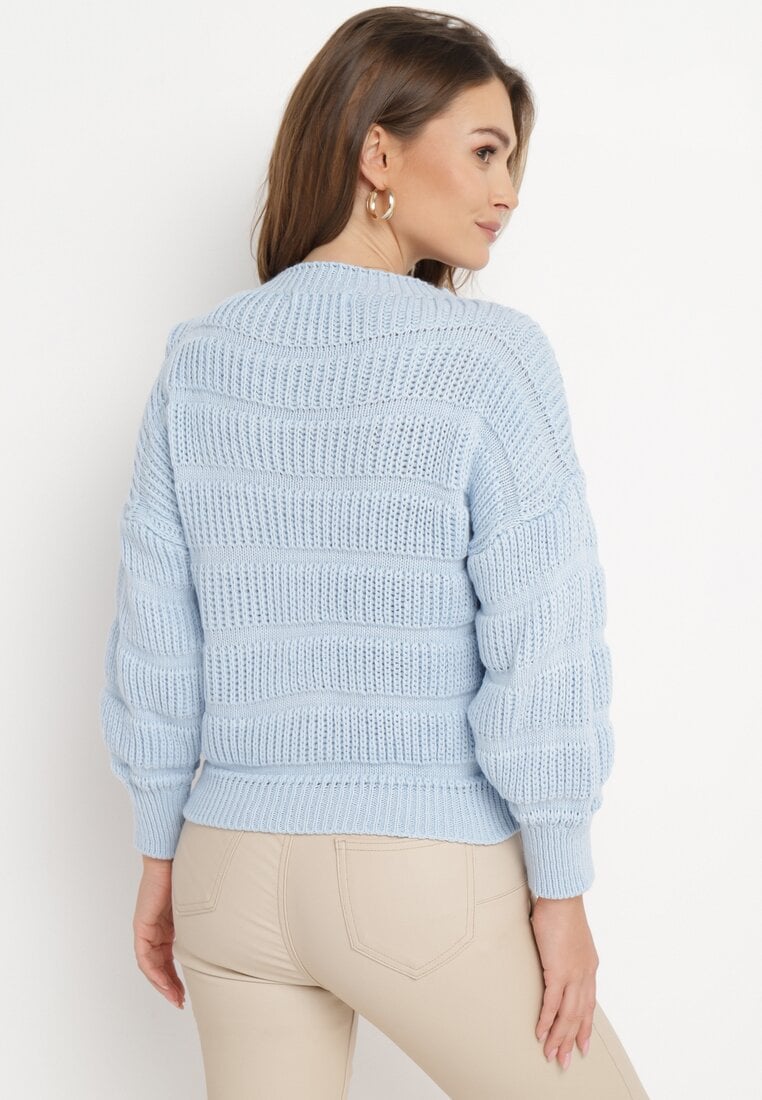 Niebieski Sweter o Krótkim Fasonie z Luźnymi Rękawami Hejlla