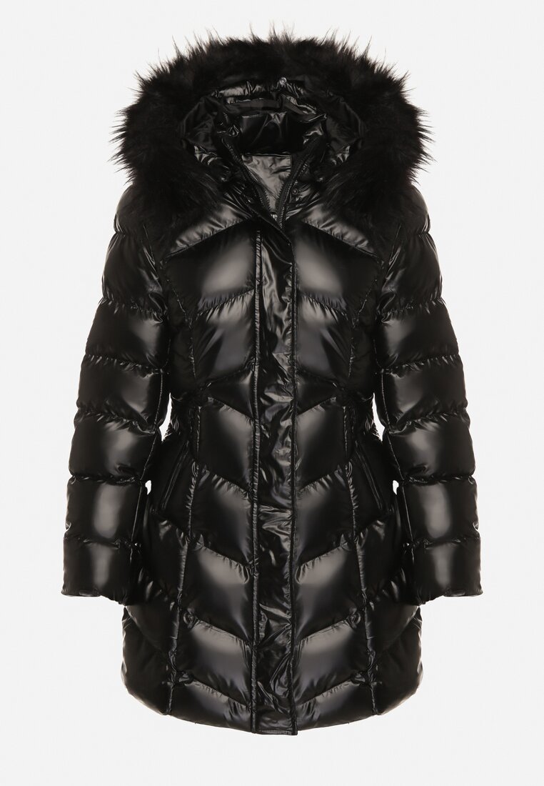 Czarna Pikowana Kurtka przed Kolano z Kapturem i Futerkiem Salasa