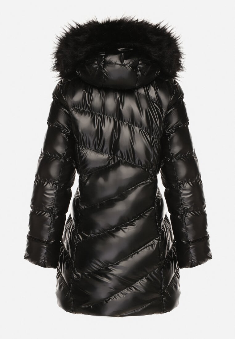 Czarna Pikowana Kurtka przed Kolano z Kapturem i Futerkiem Salasa