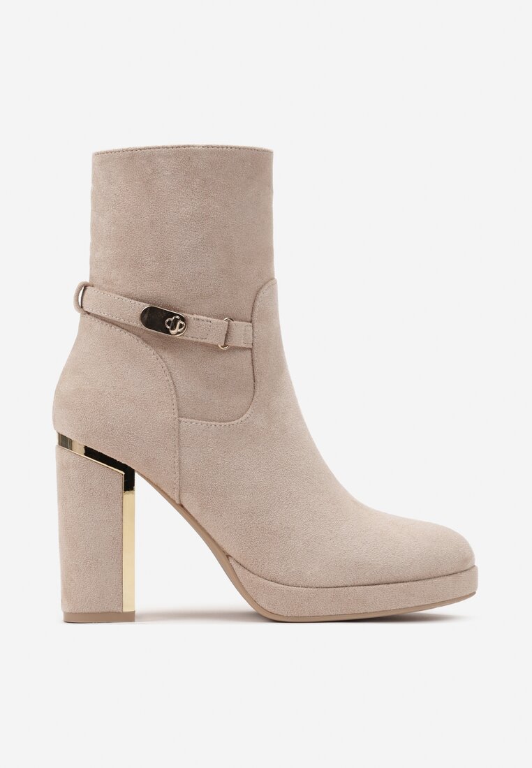 Beżowe Botki na Słupku z Ozdobnym Paskiem Elarin