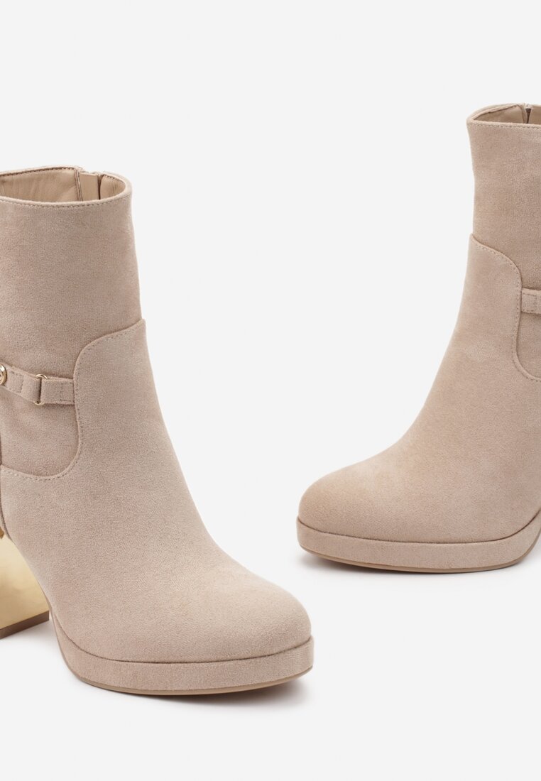Beżowe Botki na Słupku z Ozdobnym Paskiem Elarin