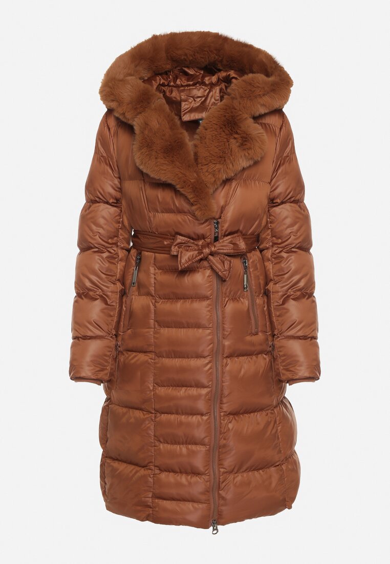 Brązowa Pikowana Kurtka za Kolano z Ozdobnym Futerkiem Velveti
