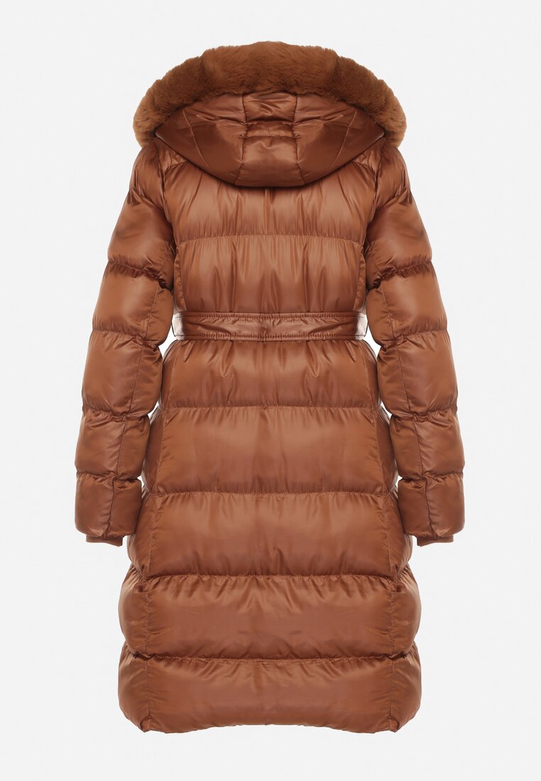 Brązowa Pikowana Kurtka za Kolano z Ozdobnym Futerkiem Velveti