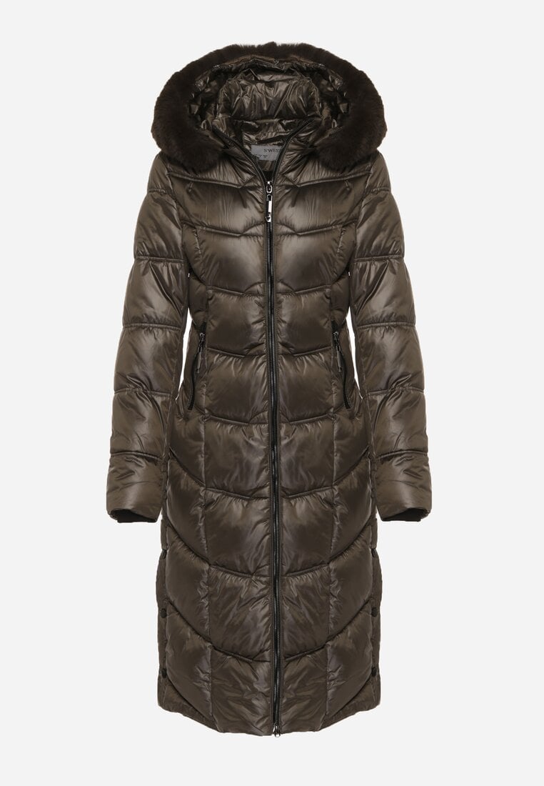 Ciemnozielona Pikowana Kurtka Płaszcz za Kolano z Kapturem i Futerkiem Naelora