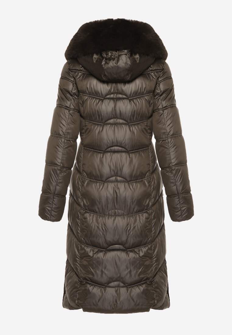 Ciemnozielona Pikowana Kurtka Płaszcz za Kolano z Kapturem i Futerkiem Naelora